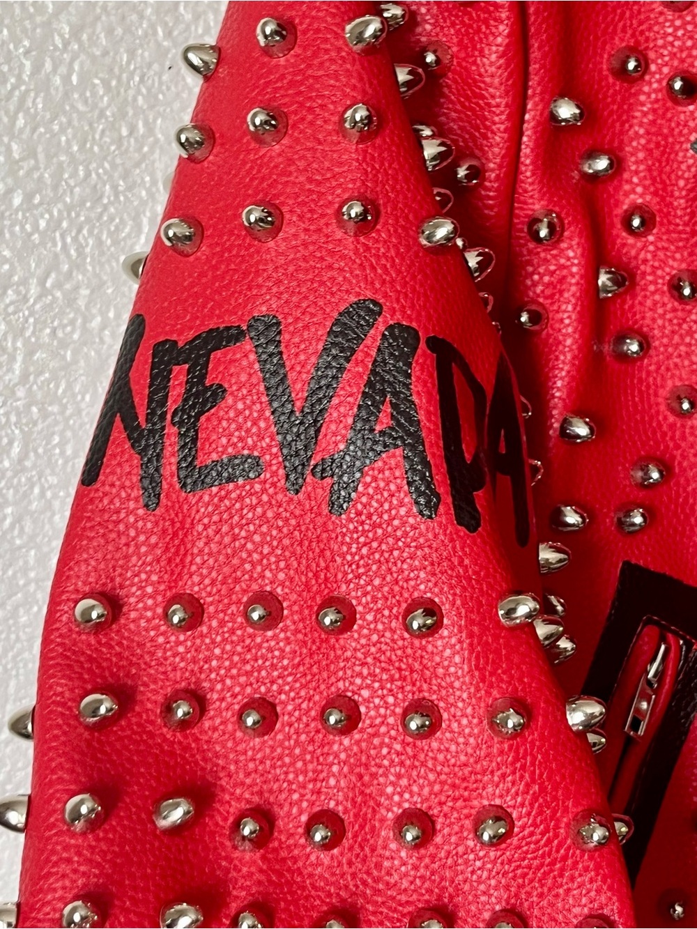 Studded Red Leather Biker Jacket with Belt - Women's Fashion - Picture 9 of 16